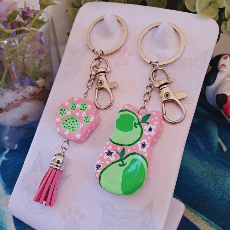 Cat & Paw Matching Set-Pastel Pink-Green Apple-White & Purple Flowers-White Dots
