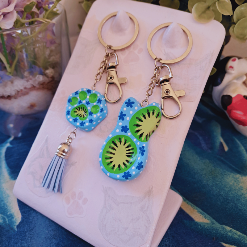 Cat & Paw Matching Set-Pastel Blue-Kiwi Fruit-Blue Flowers-White Dots